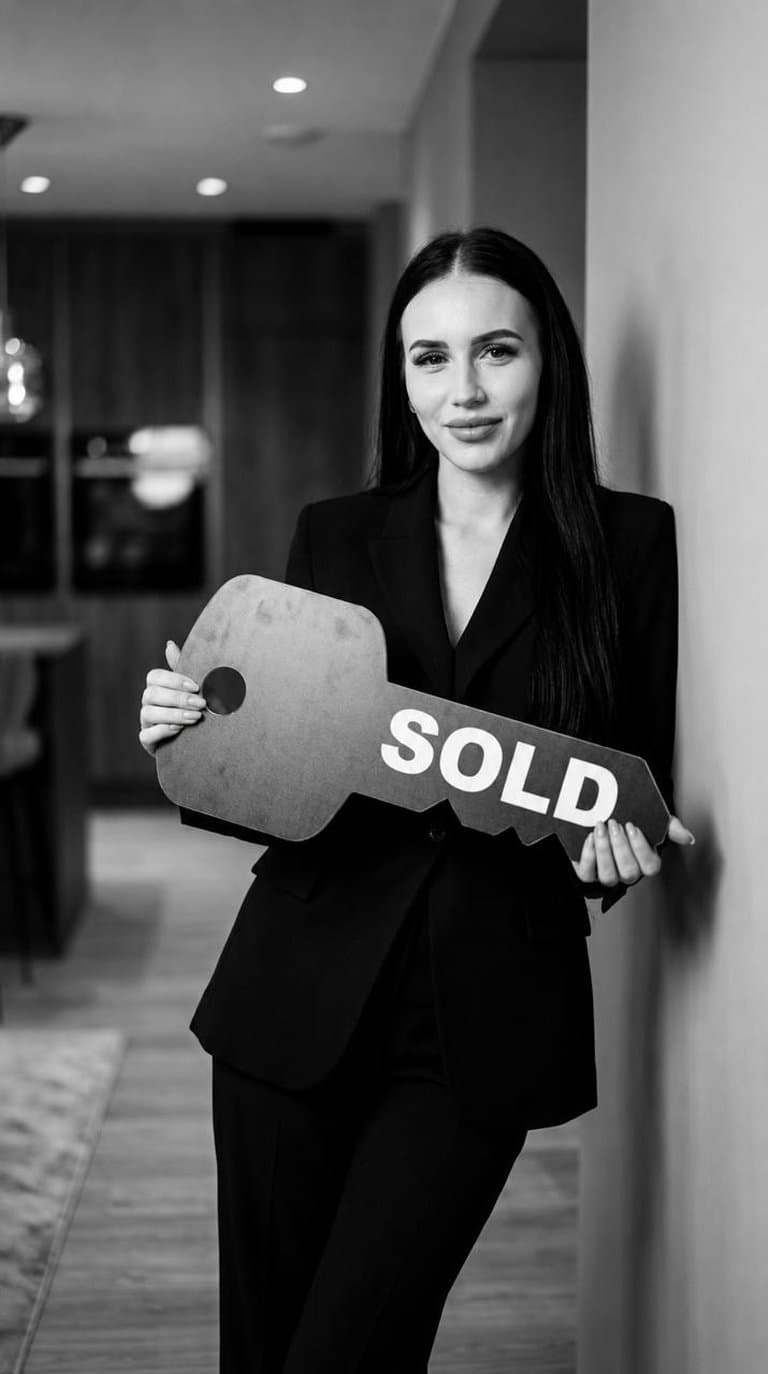 Nikola Nemcová v obleku s cedičkou SOLD v kancelárií