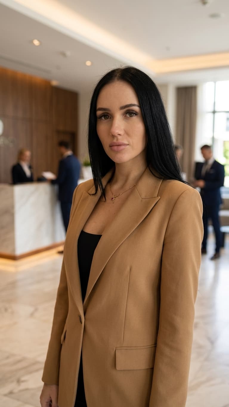 Nikola Nemcová v kamelovom saku na recepcii kliniky